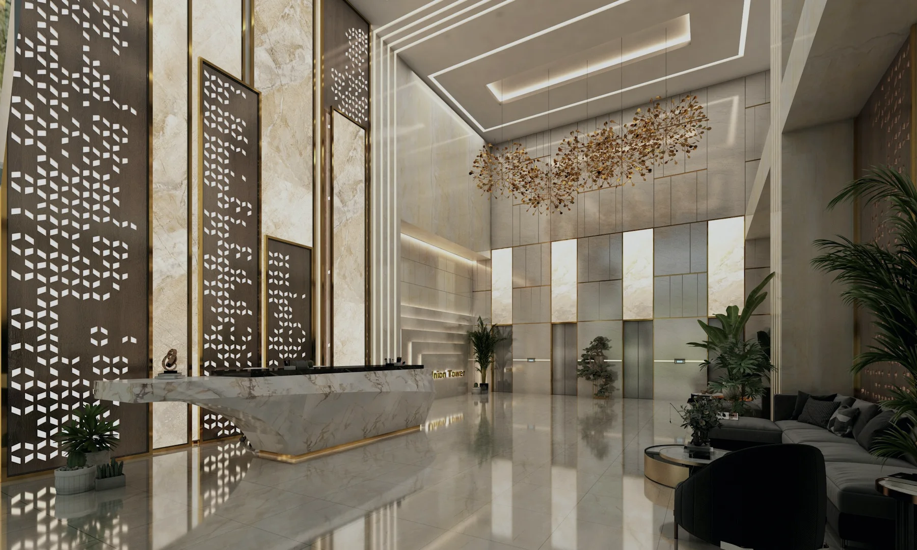 Modern marble office lobby with reception desk and elevators