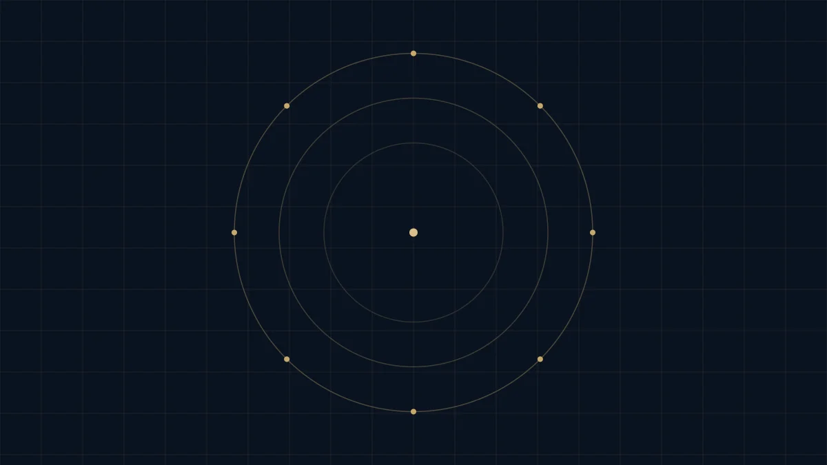 Concentric gold rings with eight connected nodes on a deep navy background, symbolizing a closed, principal-led advisory network